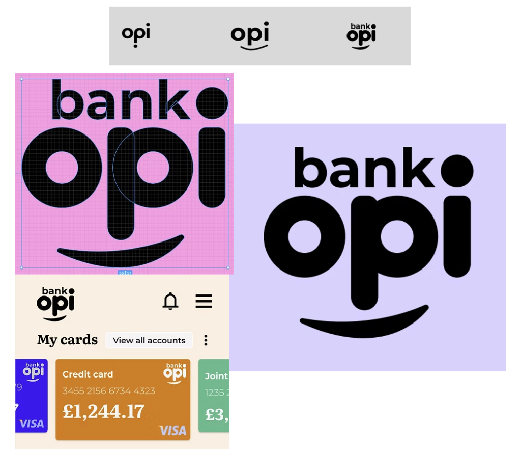 Opi Bank logo variations and layout applications on digital credit cards