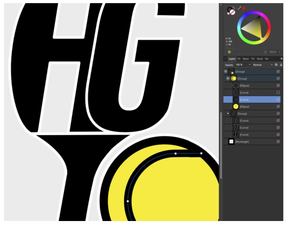 Close-up vector curves of tennis initials logo inside vector editing tool