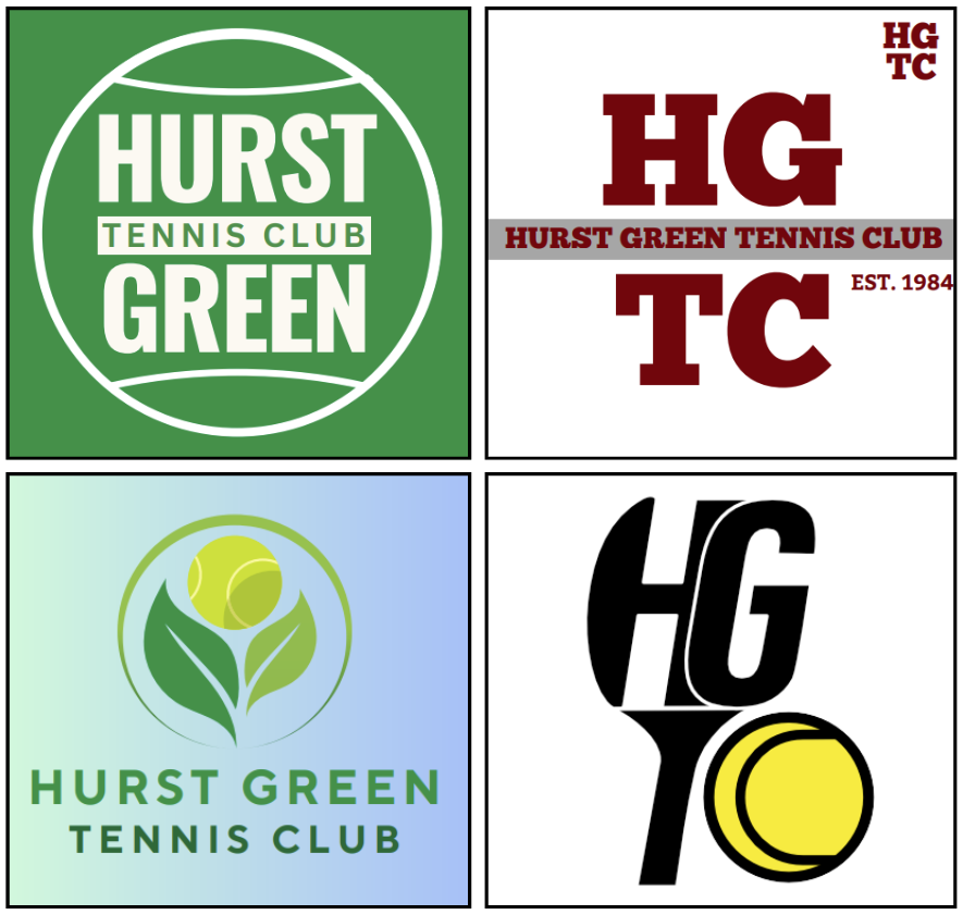 Four logo designs for Hurst Green Tennis Club showing varied brand styles