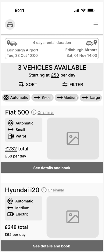 Mid-fidelity Wireframe Search Results Screen